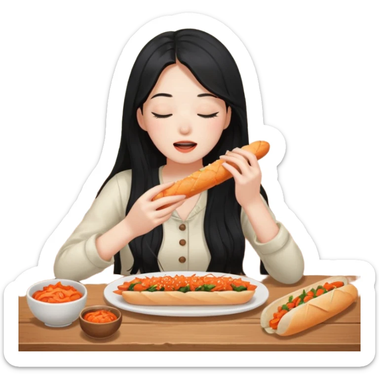 Girl with black long hair eat kimchi close eyes baguette sticker