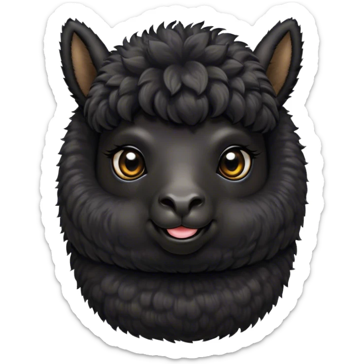 Cinematic Cute Black Alpaca Portrait Emoji, Head tilted playfully and inquisitively, featuring a plush, shiny jet-black fleece with a lustrous sheen, round, sparkling dark eyes filled with curiosity, Simplified yet irresistibly adorable features, highly detailed, glowing with a warm, friendly glow, high shine, affectionate and gentle, stylized with a touch of whimsy, bright and endearing, soft glowing outline, capturing the essence of a mischievous yet loving alpaca, so playful it feels like it could prance out of the screen and into your arms! sticker