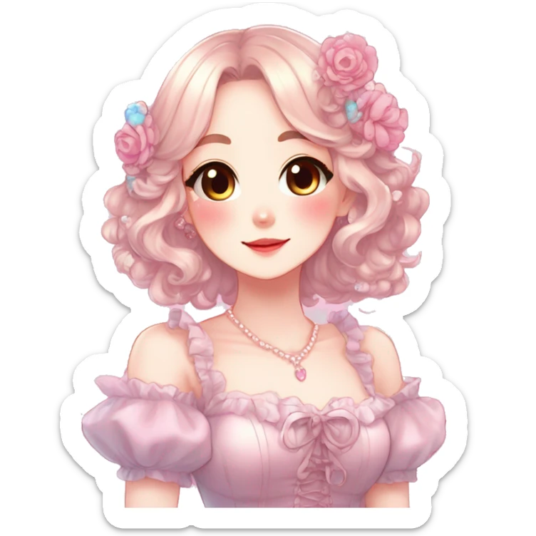 Gorgeous anime style lady with blushing face and accessories cottagecore fairycore Kawaii anime colorful pearly romantic aesthetic trending style sticker
