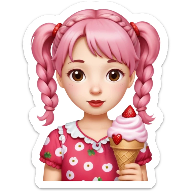 . A cute girl with pigtails, wearing a strawberry-patterned top, holding an ice cream. sticker