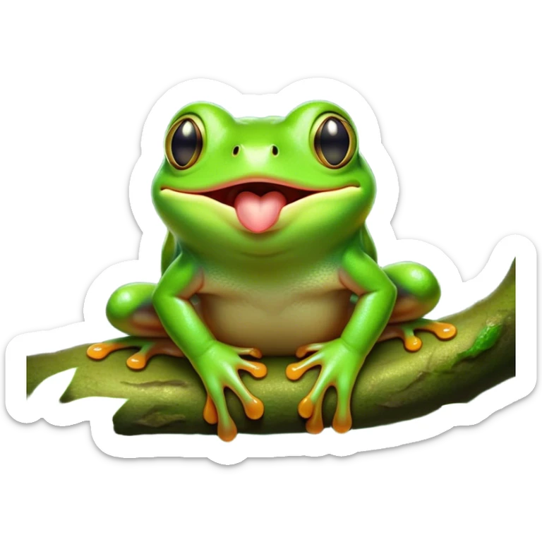 Cinematic Cute Yawning Green Tree Frog Portrait Emoji, Head tilted slightly with a dramatic, wide-open yawn, showcasing a compact, vivid green body with gently drooping eyelids and half-closed, drowsy eyes, Simplified yet irresistibly adorable features, highly detailed, glowing with a soft, cozy jungle glow, high shine, relaxed yet expressive, stylized with a dash of whimsical amphibian charm, soft glowing outline, capturing the essence of a drowsy yet affectionate green tree frog that appears ready to stretch out for a nap! sticker