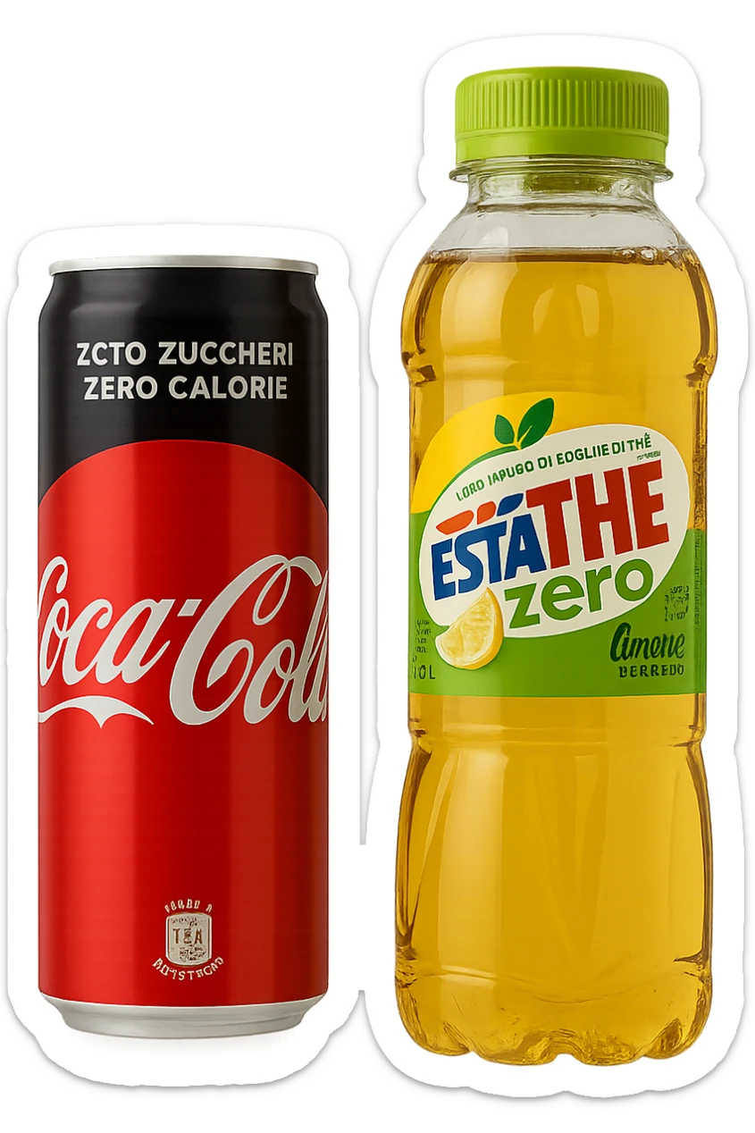 lattina di coca cola zero fluttua accanto a bottiglia di esta-thè zero, iperrealistiche 4k sticker