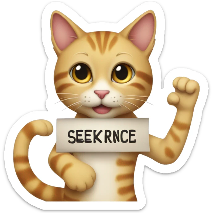 A cute cat holding a sign above its head that says "Seeker Alliance." sticker