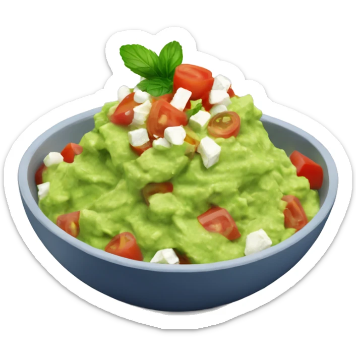 Bowl filled with Guacamole with diced tomato and feta chunks and a redbull  sticker