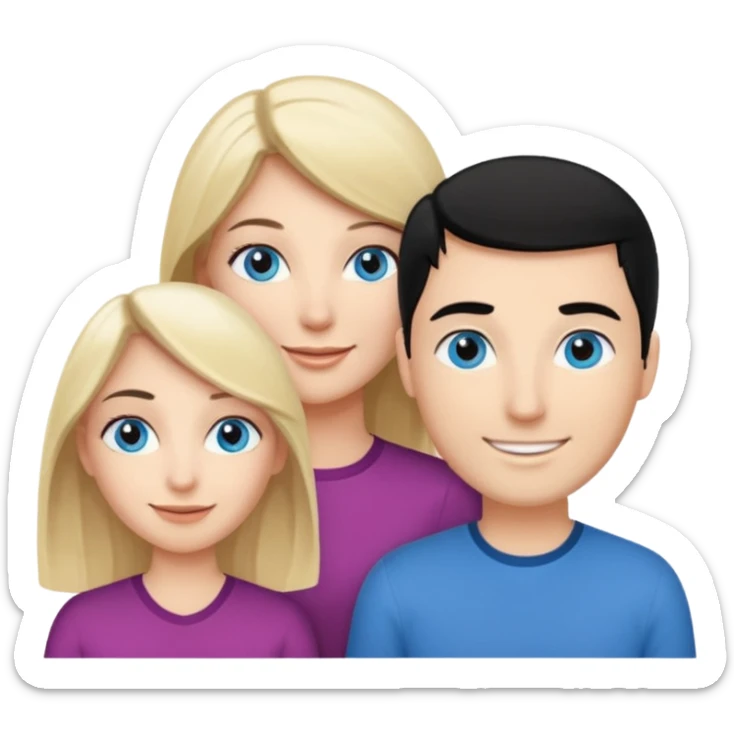 Blond woman with blue eyes on left. And a Man with black hair and grey eyecolor in the middle. And a blank woman with brown hair and grey eyes on the right. Happy together sticker
