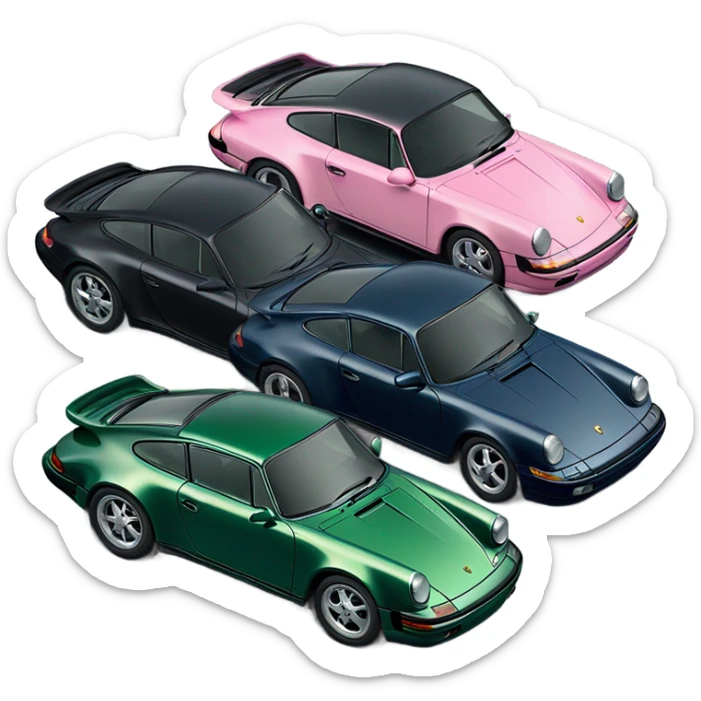 a black,dark green, 2 navy blue, light pink, another dark green Porsche 911s lined up next to each other - in total 6 cars sticker