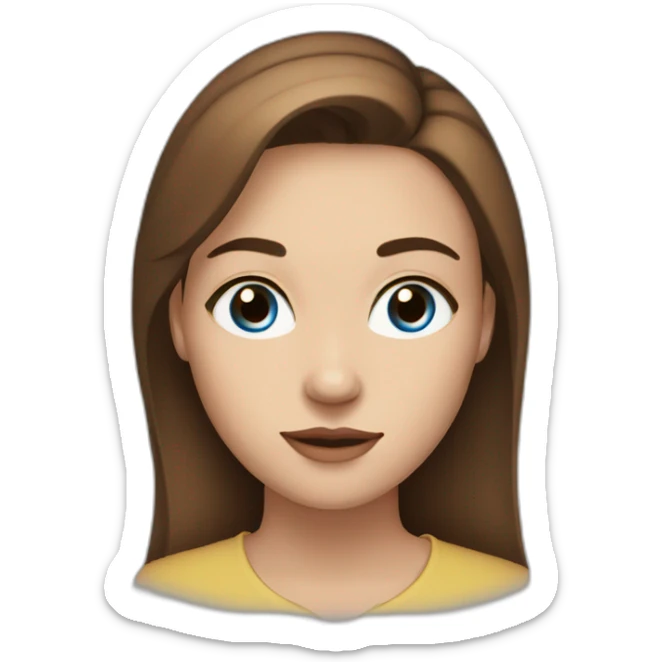 young woman with long brown hair, blue almond-shaped eyes, thin eyebrows and earring sticker