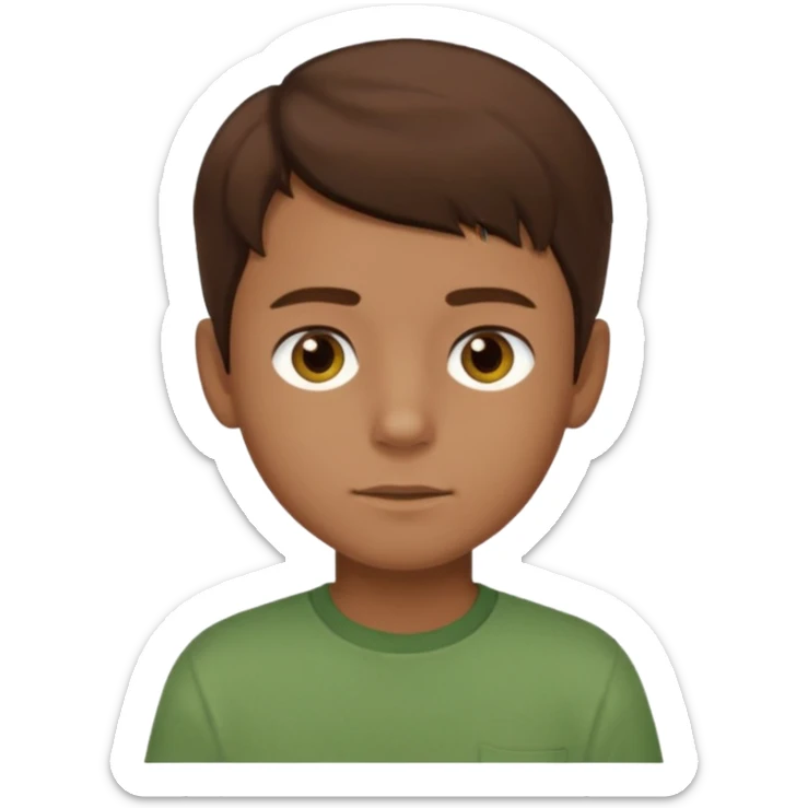 a boy with brown eyes and hair with a green shirt sticker