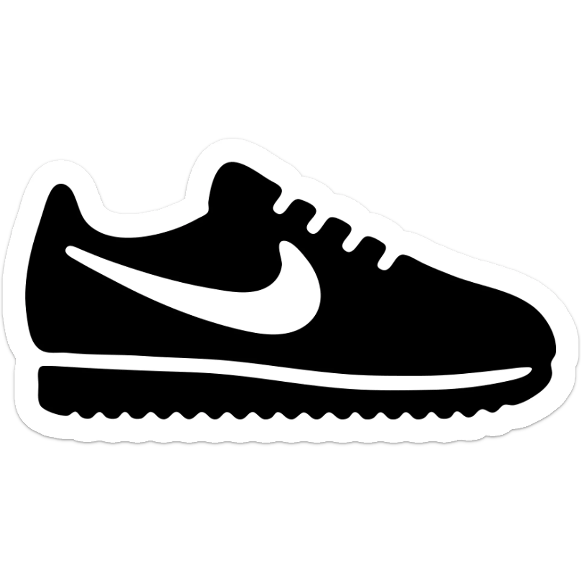 A pair of Nike Cortez sneakers in a black filled icon style, with a checkmark. sticker