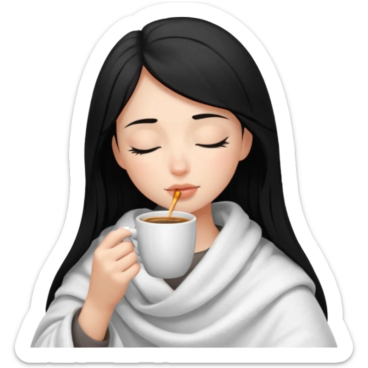 black haired girl inside a white blanket sipping coffee with eyes closed and lashes sticker