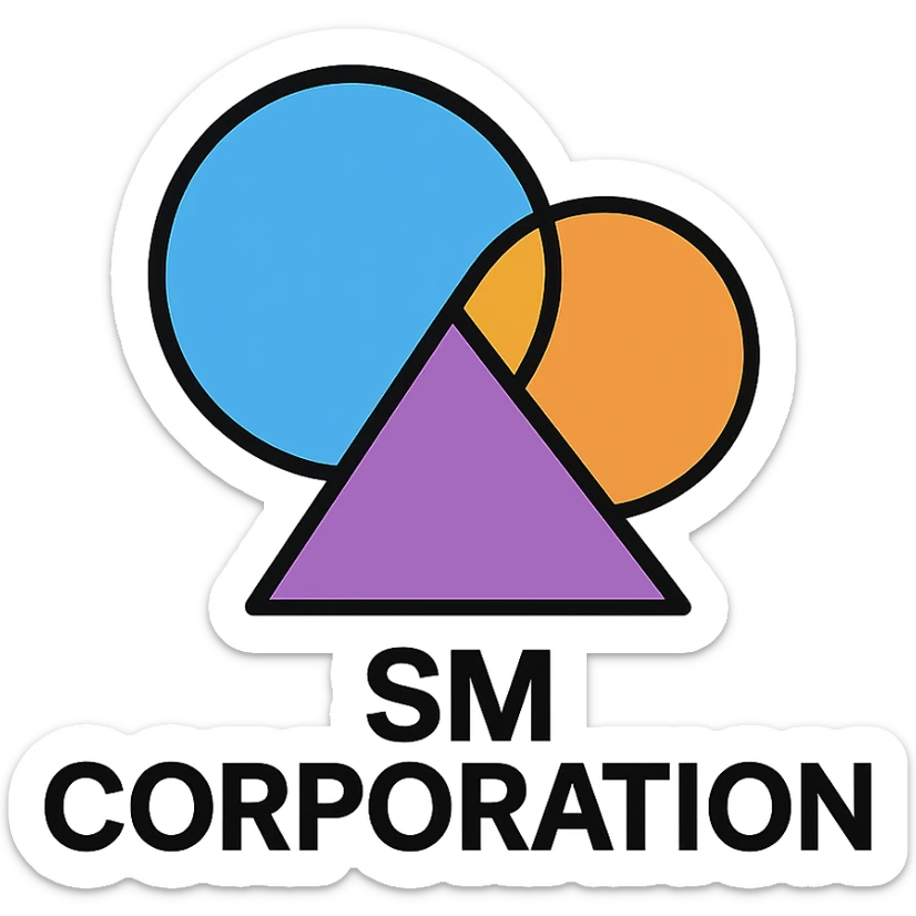 Add a simple, modern icon or symbol next to the text 'SM CORPRATION' to enhance the business brand feel. Keep the look bold and friendly, with no background. sticker