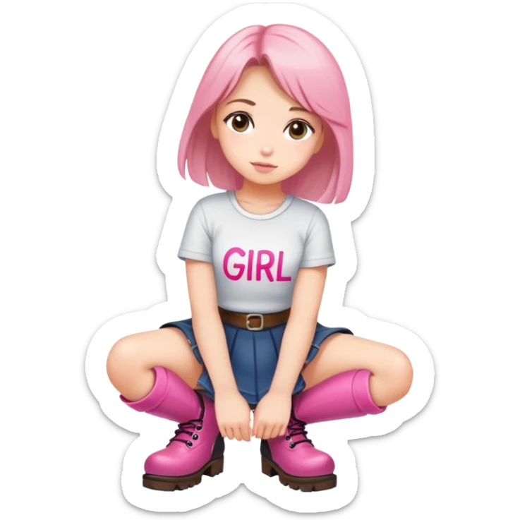  top and skirt with pink inscription “girl”  squatting in boots sticker