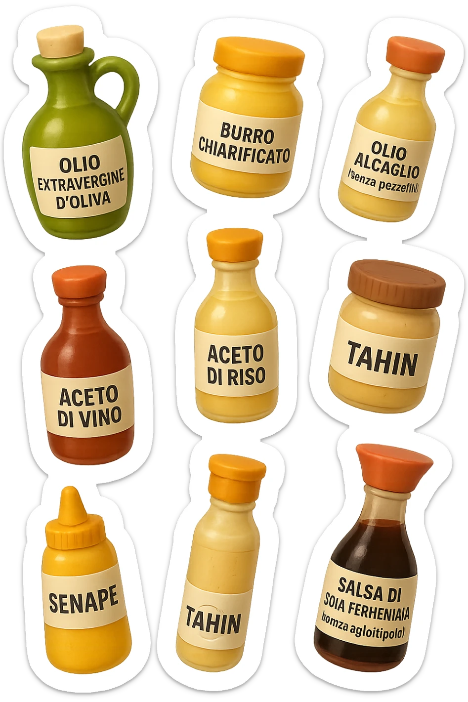 emoji stile iphone 3d di questi elementi che fluttuano in aria sparsi casualmente:

Olio extravergine d’oliva, burro chiarificato
Olio all’aglio (senza pezzetti)
Aceto di vino, aceto di riso, senape, tahin
Salsa di soia fermentata (senza aglio/cipolla)


 che fluttuano sparse casualmente in aria, le etichette dei prodotti scrivile in italiano, iperealistico 4k sticker