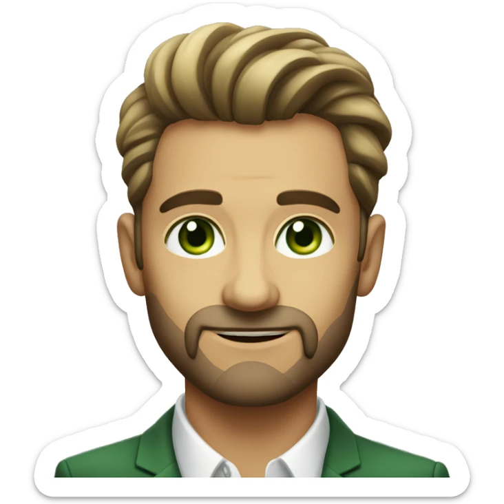 portrait of a stylish man younger and less experienced. No beard, green eyes, younger sticker