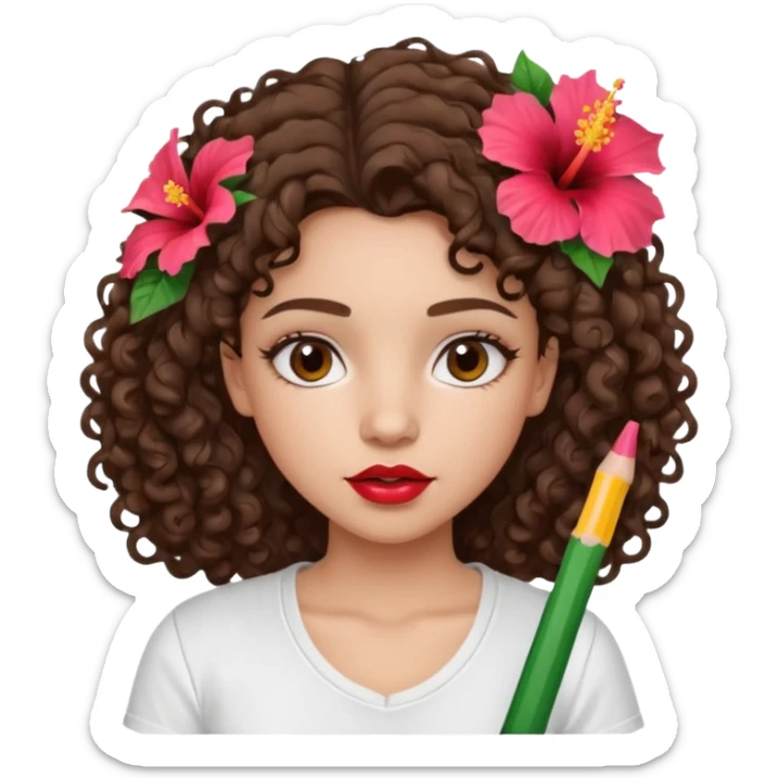 A brunette girl turned to the left side with curly hair with a hibiscus on her hair on her lips she has a brown pencil outline with gloss over it with a white t-shirt  sticker