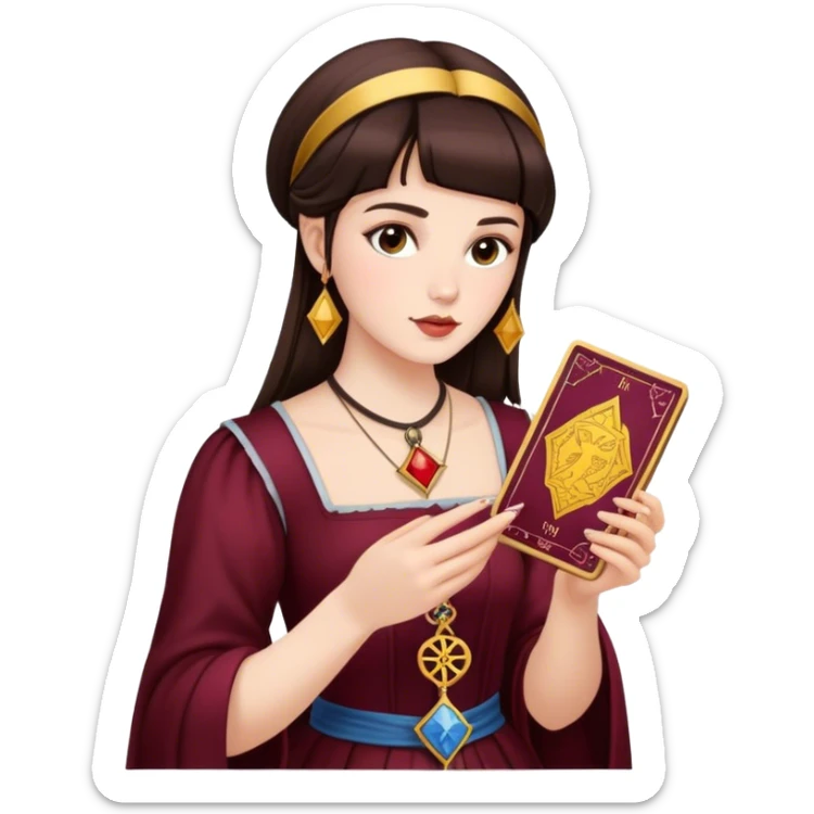 A brunette girl with a square hairstyle reading the Burgundy tarot sticker
