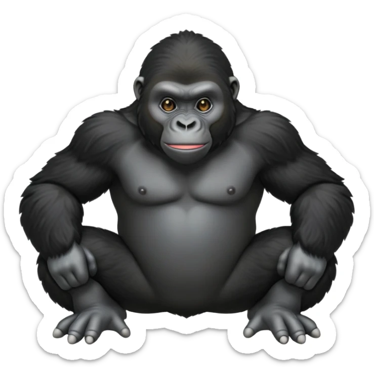 cinematic-friendly relaxed young gorilla-realistic-full-body-crouched on all fours on knuckles-emoji,-poised-with-confidence,-massive-arms-hanging-slightly-forward,-head-tilted-thoughtfully,-thick-black-fur, friendly ,-simplified-yet-realistic sticker