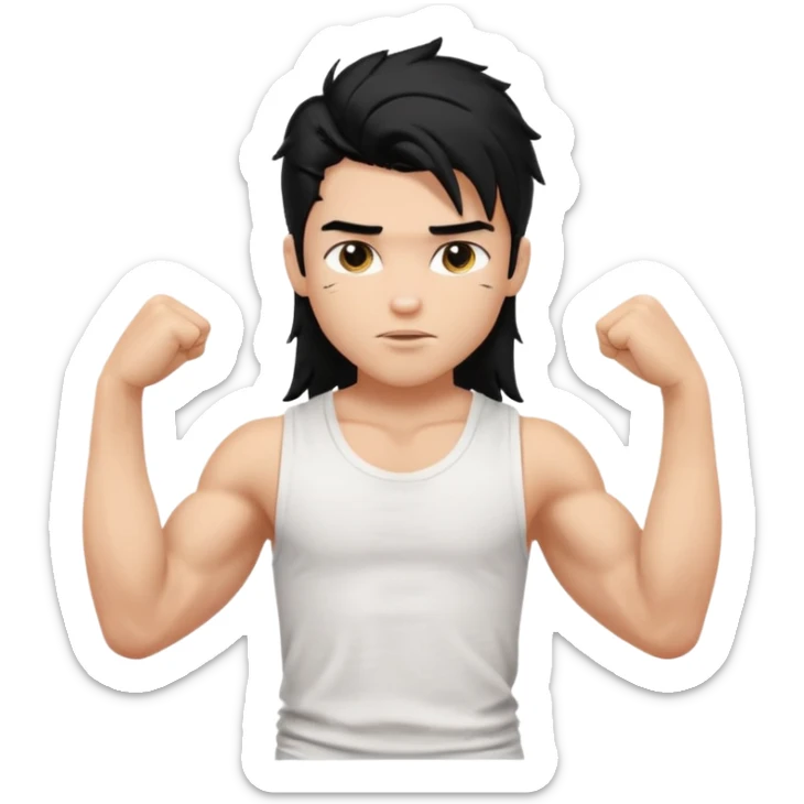 generate a pretty bratz boy with messy long mullet hair, sleeveless white tshirt, big biceps. Black hair sticker