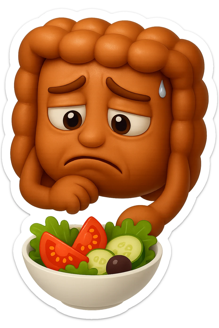 EMOJI STILE IPHONE DI UN INTESTINO UMANO ANATOMICO CHE GUARDA UN INSALATA CON ESPRESSIONE TRISTE E RASSEGNATA IN VOLTO: SOFFRE LA FAME PERCHé è A DIETA, FAGLI ANCHE LA PARTE BIANCA DEGLI OCCHI, NON SOLO LE PUPILLE, IPERREALISTICO 4K sticker