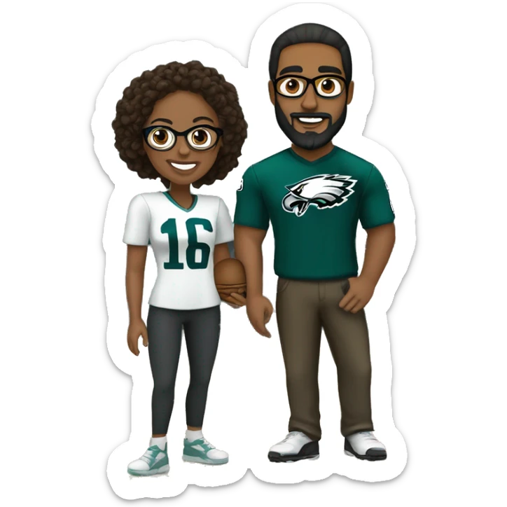 Brown guy with no glasses with a beard and mustache holding a brown girl wearing glasses and hair in a bun wearing Philadelphia eagles clothing sticker