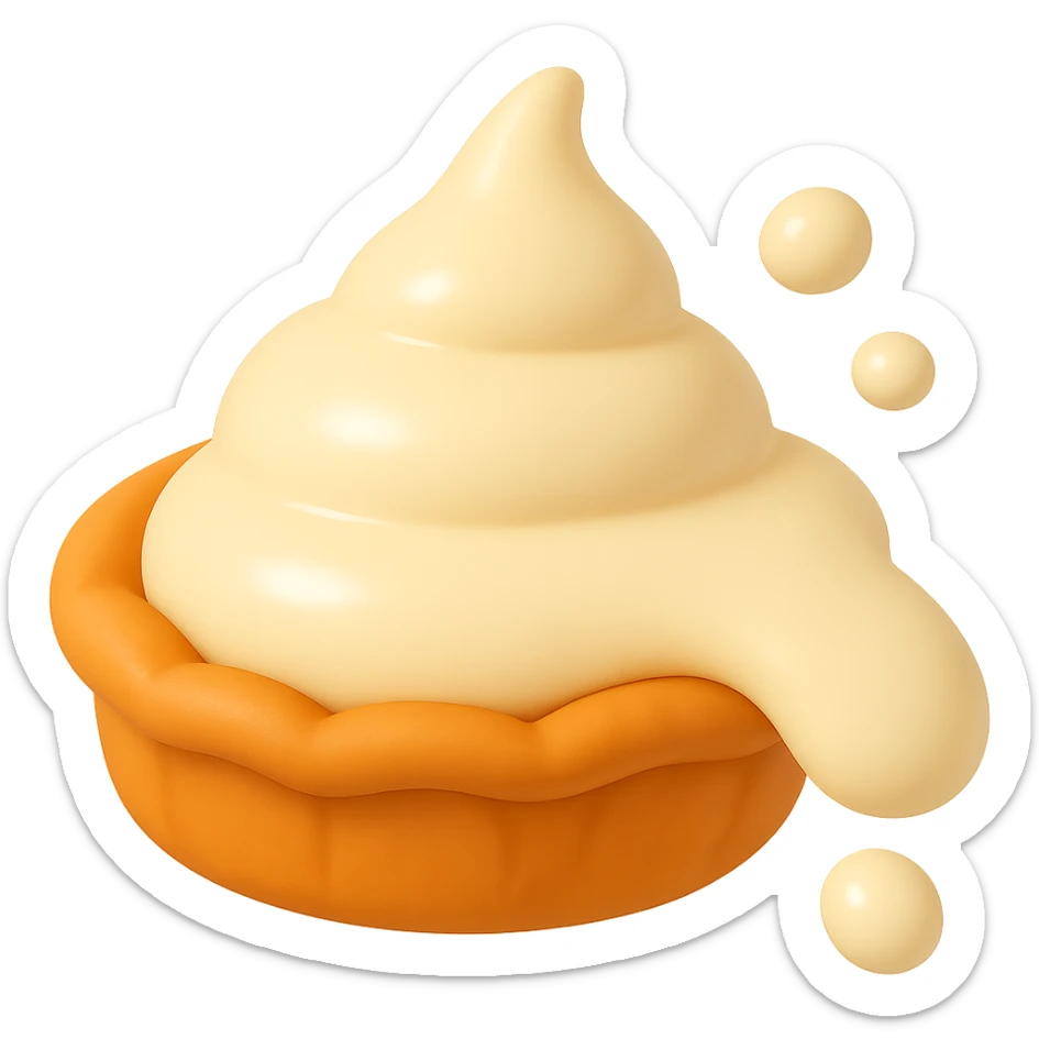 Refine the cream drip on the right-hand side and the 1-2 small cream splatters in the top right corner to closely match the smooth, rounded style, lighting, and placement of the other pie splatter designs. Keep the playful 3D emoji style, golden brown crust, transparent background, and main cream part intact. sticker