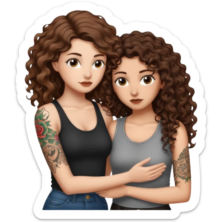 whisper plan — long wavy brown hair tattooed woman and short tight curly brown hair woman — leaning close plotting sticker