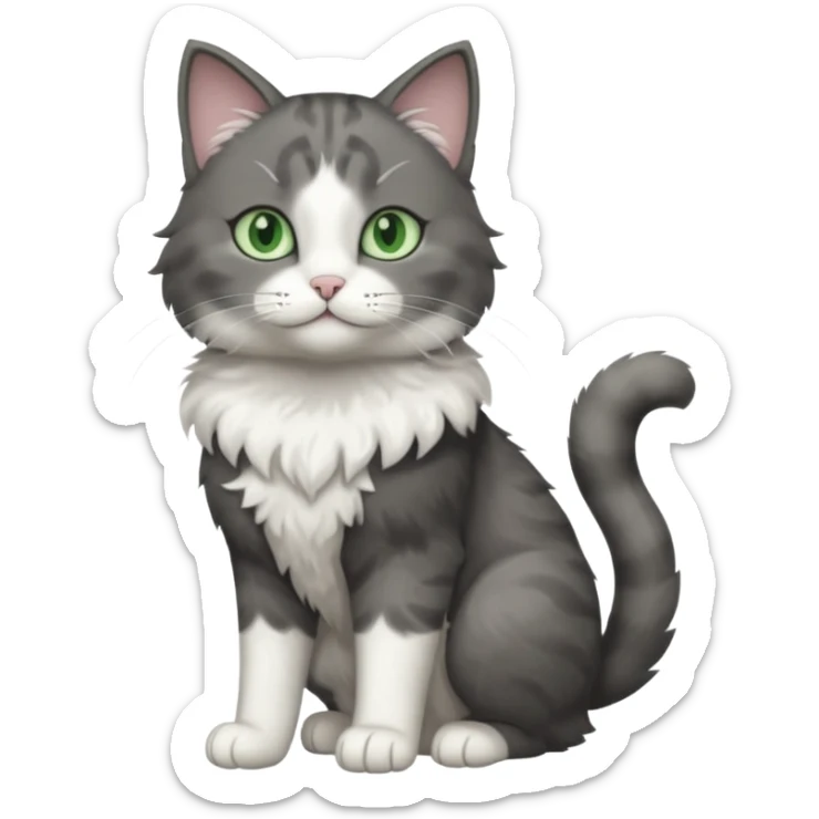 full body view of beautiful female solid dark grey cat with green eyes, white toes/paws and white patch on her chest sticker