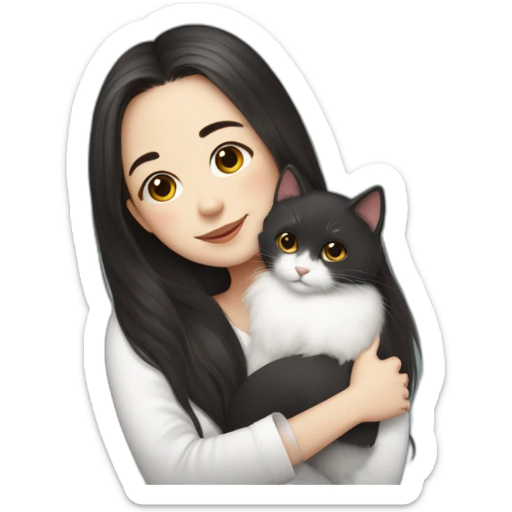 A girl with long dark hair and a white fluffy cat is lying on her left shoulder sticker