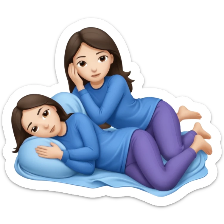 two white brunette women lying down full body on top of each other wrapped around each other one wearing a blue shirt they should be melting into each other. ONLY two women not three sticker
