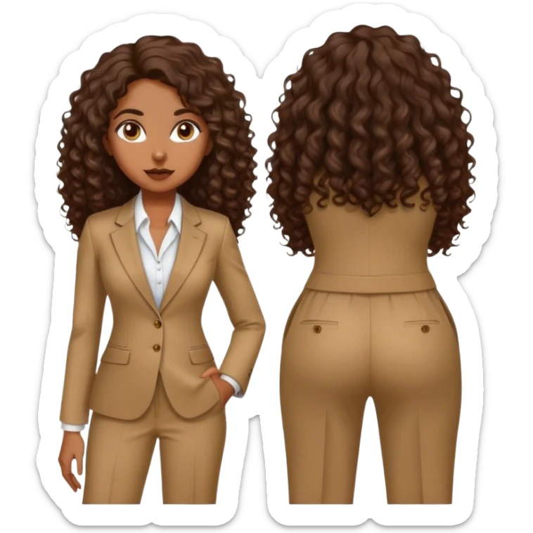 dark brown woman with medium brown long curly hair with middle part and an executive tan pant suit  sticker