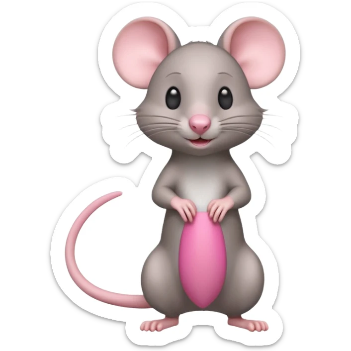 A 3D cartoon rat standing on its hind legs, gray fur, long pink tail, small round ears, curious smile, soft natural lighting, realistic yet cute Memoji-style. sticker