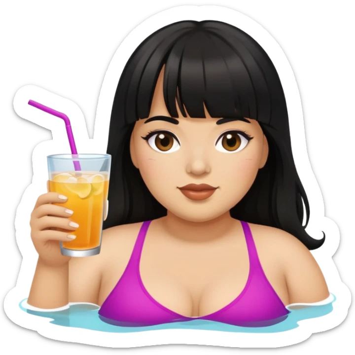 Latina female with bangs black long hair plus size swimming with a drink sticker