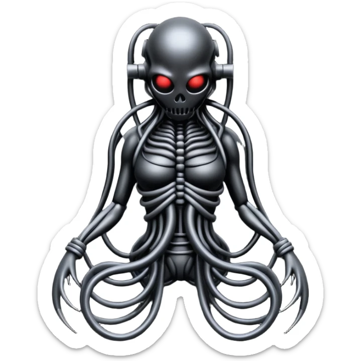 dark intertwined black wires forming a creature, wrapped in black rags and bondage straps, Giger-inspired sticker