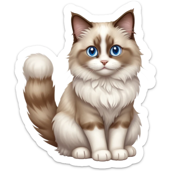 cinematic-[brown and white ragdoll cat]-realistic-full-body-sitting-emoji,-tail-curled-playfully-around-its-paws,-head-tilted-dramatically,-fluffy-[brown and white]-fur,-simplified-yet-realistic-focused-features,-highly-detailed,-glowing-with-an-almost-sarcastic-glow, with blue eyes sticker