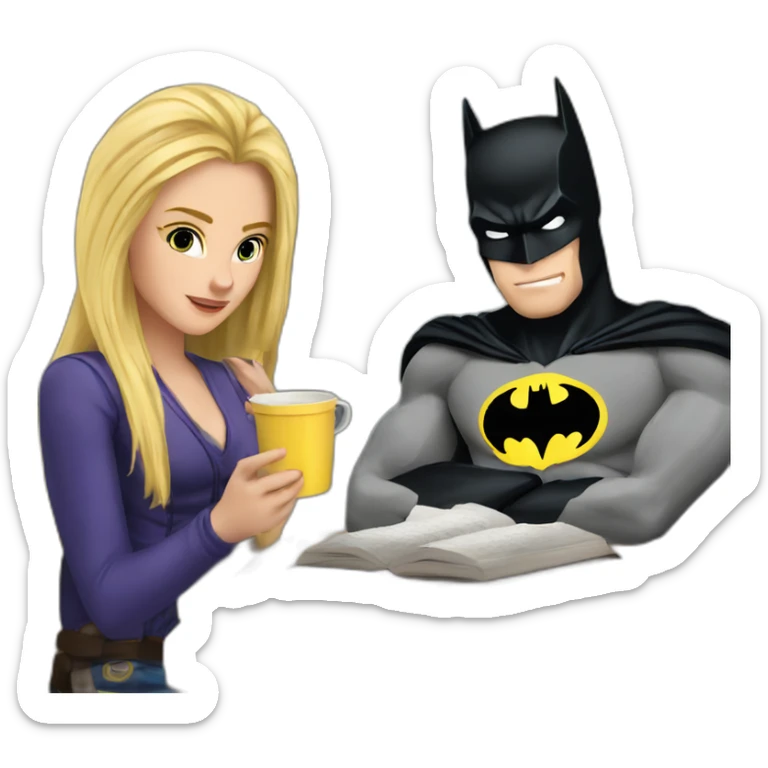 The blonde girl and the strong batman are studying with coffee sticker