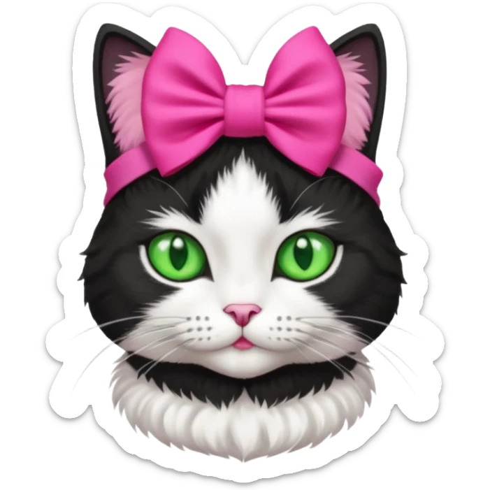 A black and white cat with green eyes she has a hot pink bow on her head  sticker