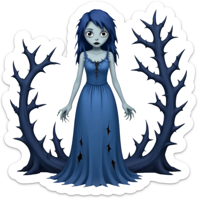 Gloomy ghostly fair lady with long ragged torn tattered dress, thorns across arms and legs, depressed face, ghoul-like gloomy dark greyish dull-colored deep-blue dark-black swampy monsterous lady woman (full body) sticker