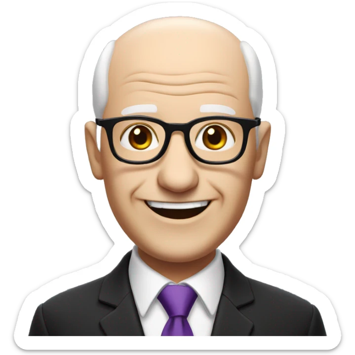white, bald old man wearing a black suit with a purple tie and glasses, with no mustache, smiling with teeth sticker