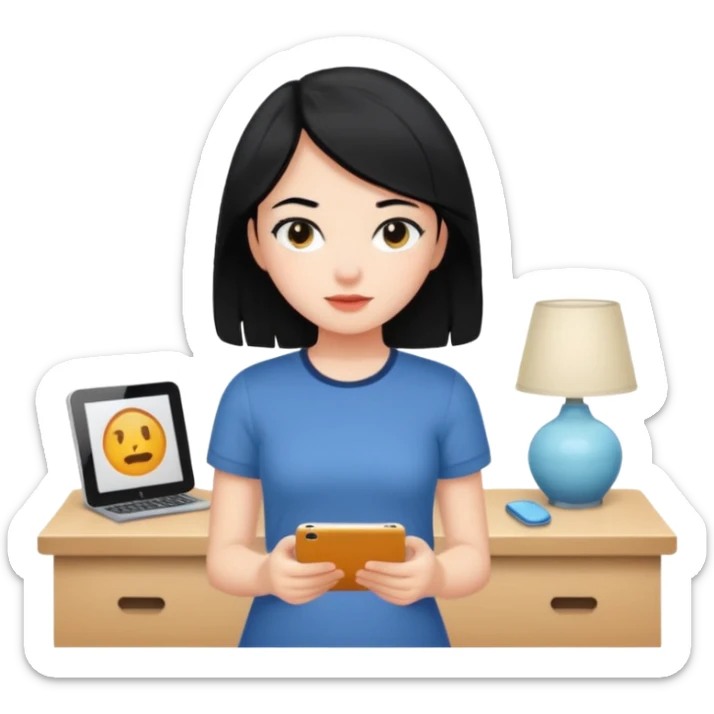 girl with black hair in short sleeves at home sticker