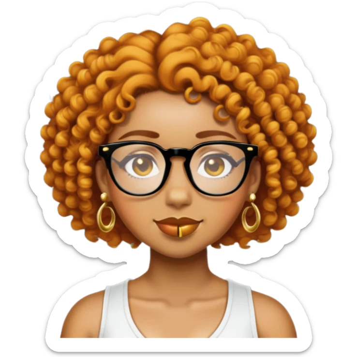 Add a gold nose piercing, gold septum piercing, and gold earrings to the light skin black woman with short ginger curly hair and glasses in emoji style. sticker