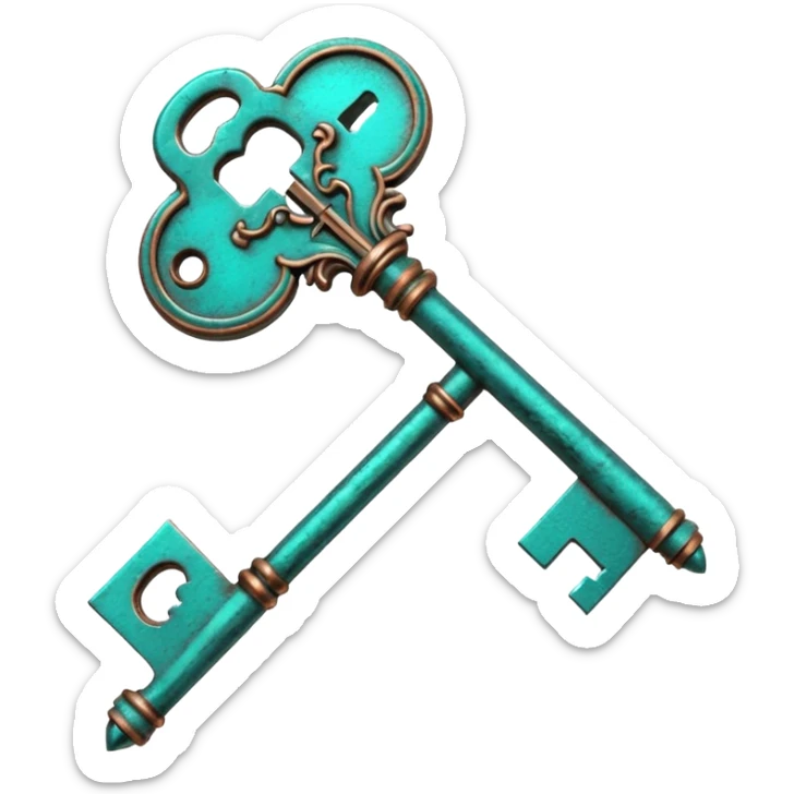 3D render of Vintage Key, heavily oxidized copper texture, verdigris patina, Ornate key fully turned teal, weathered bronze aesthetic, ancient decay, emoji style, isolated on white background --v 6.0. sticker