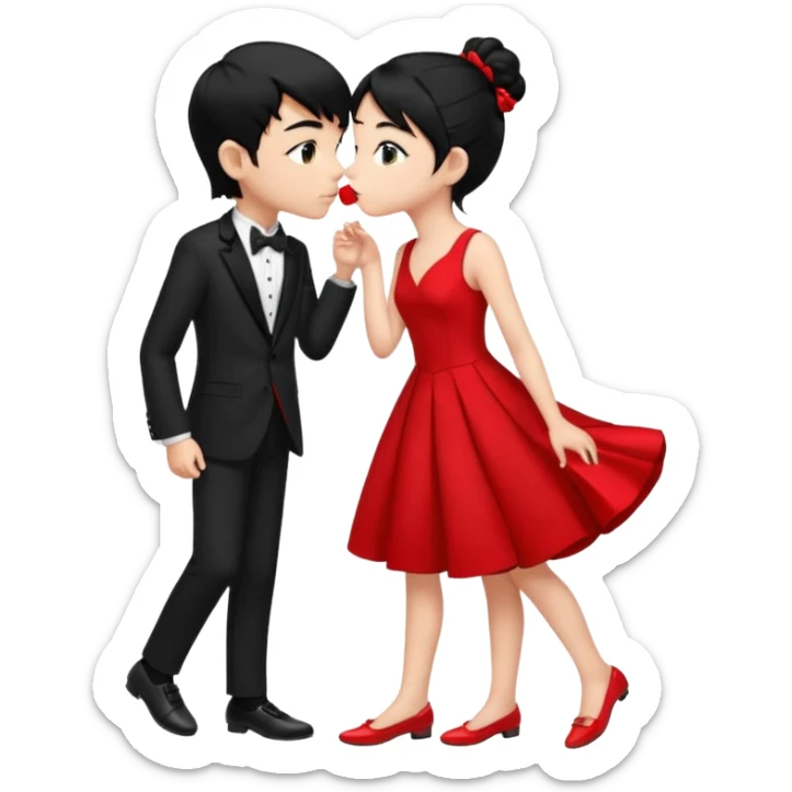 Make a girl has 18 years old black ponytail red dress, red flat and a boy has 19 years old black hair black tuxedo black shoes boy and girl kiss sticker