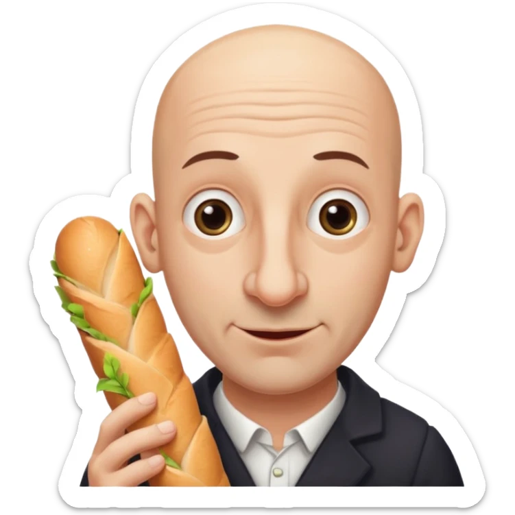 Generate me a bald Jewish man with a big nose holding a baguette sticker