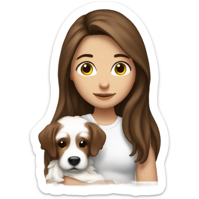 Girl Brunette  with brown long hair, hugging her white bishon sticker