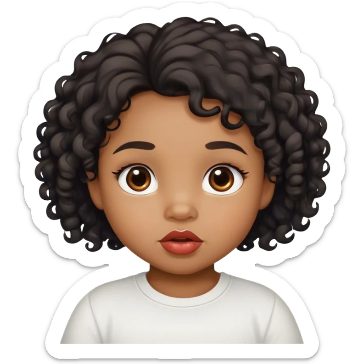 medium brown skin tone, very adorable toddler, with big plump lips, long long lashes, black curly long hair, brown eyes, white shirt sticker