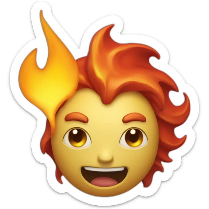 the Burny Games character, a cartoonish yellow-orange figure with flames on its top, big dark eyes, and a red tongue sticker