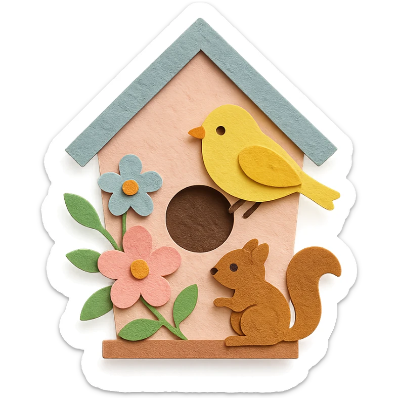 a cozy birdhouse with flowers and forest creatures, soft pastel colors, paper craft style sticker