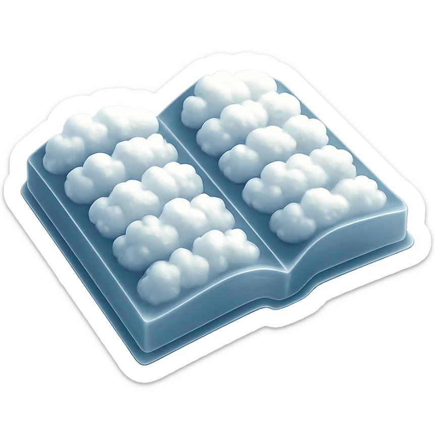 top view of a thick open book made entirely of small, very bright white fluffy convex clouds, matte glass style, no background sticker
