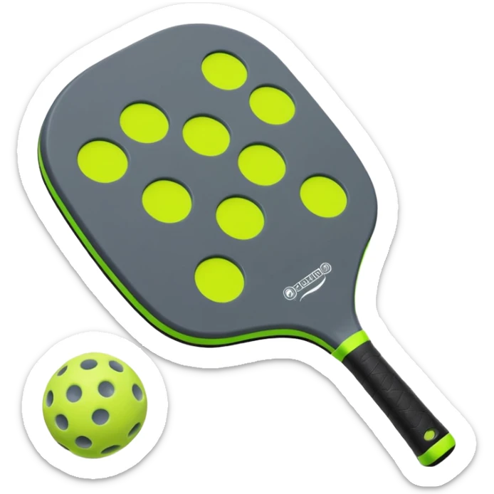 Pickleball paddle in dark grey, with pickleball ball in florescent green at 45 degrees sticker