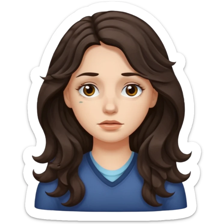 A white girl with long dark brown wave hair and patches under her eyes sticker